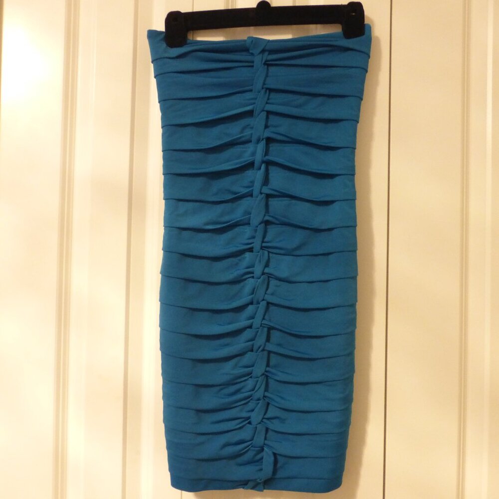 BEBE Blue twist detail ruched strapless tube dress